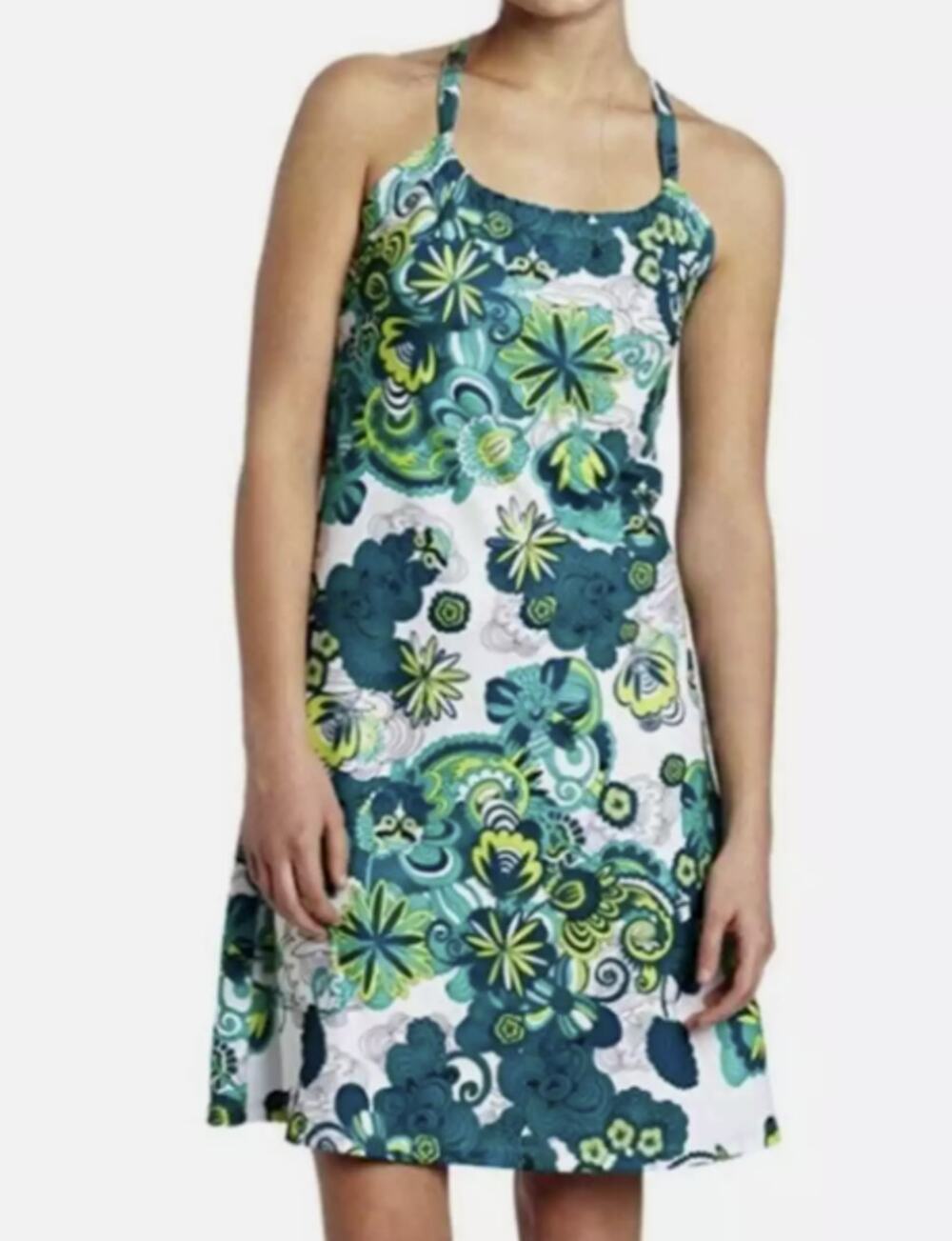 PRANA Dress Quinn Green Floral Racerback Halter Pull On Retro Stretch Size XS
